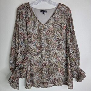 1. STATE Blouse Large Brown Paisley Metallic Smocked Boho Eclectic Romantic Top